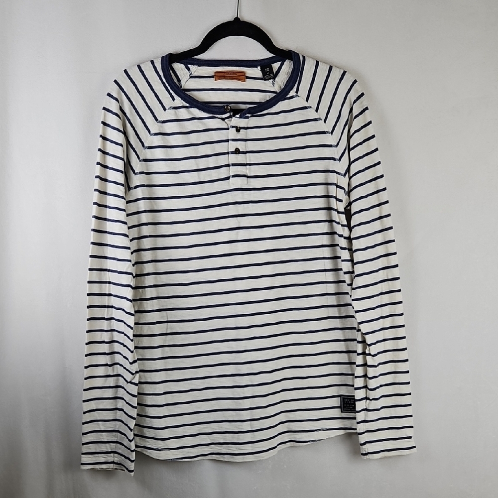 Scotch & Soda Navy and White Striped Long Sleeve Henley Shirt Medium